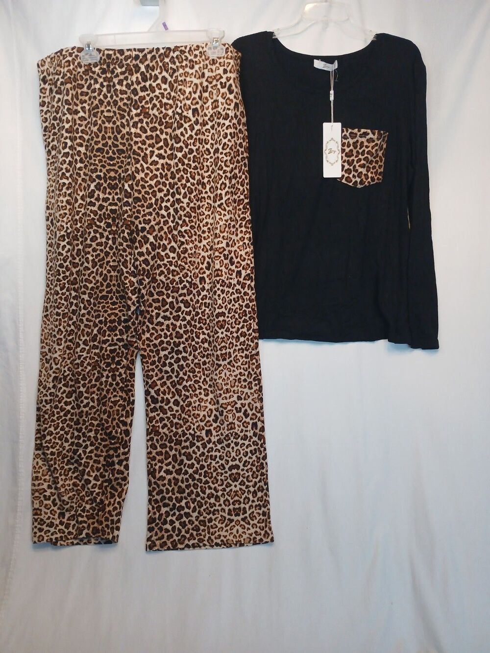 Leopard Print & Black Knit Long Sleeve Top & Wide Leg Pant Lounge Set 2X New!